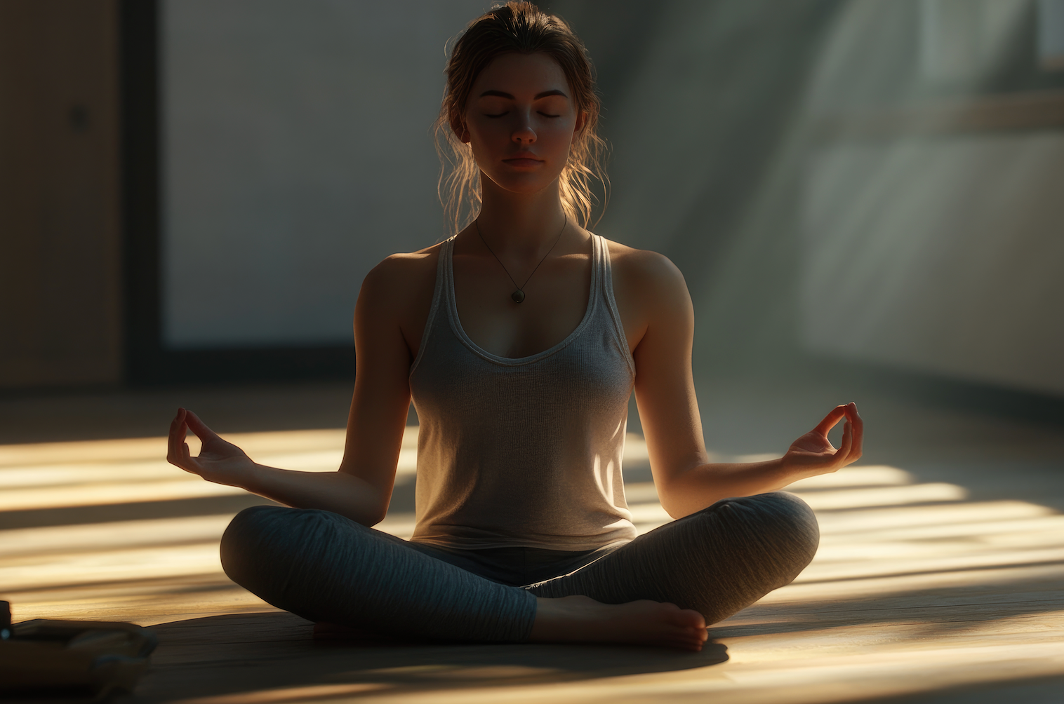 Calm woman using a breathing, eyes closed, exhaling deeply