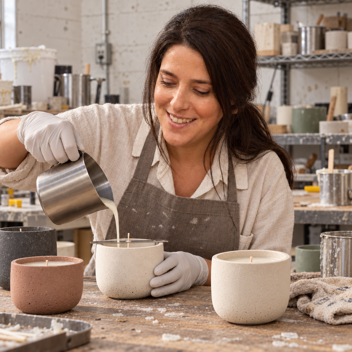 Artist pouring wax into handmade candle vessels